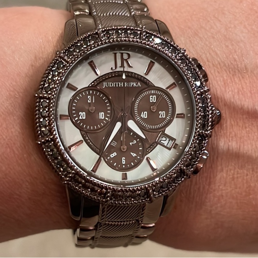 NWOT Judith Ripka Stainless Steel Chocolate Brown Chronograph Watch New Battery - Picture 7 of 10